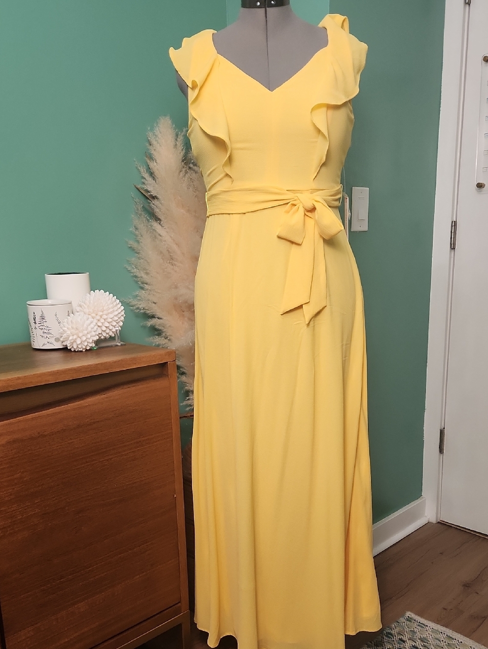 NEW..Bisou Bisou Yellow Ruffle V-Neck Tie-Waist Maxi Dress